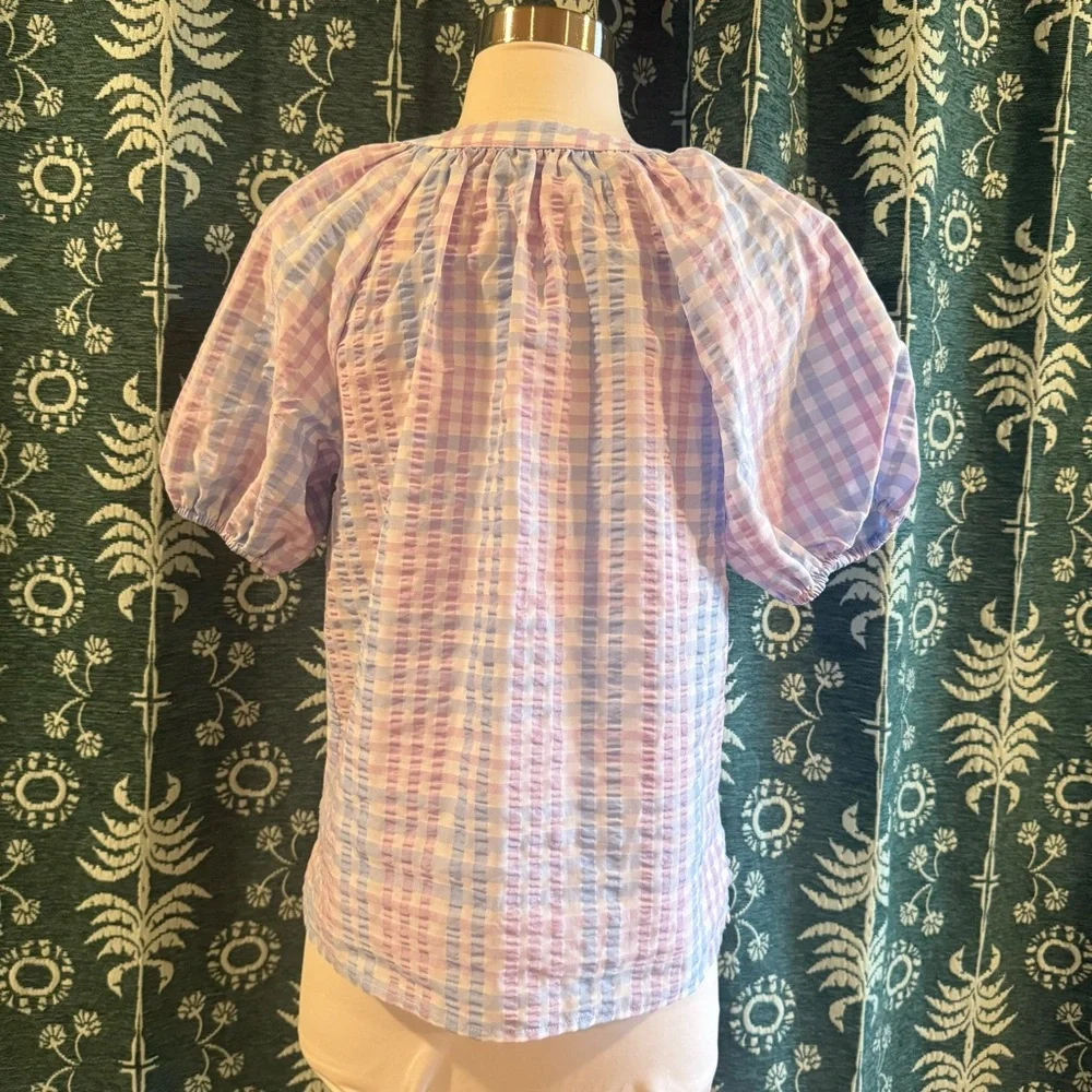 LOFT Pastel Tie Neck Pastel Striped Gingham Plaid Puff Sleeve Top Size XS - Picture 7 of 9